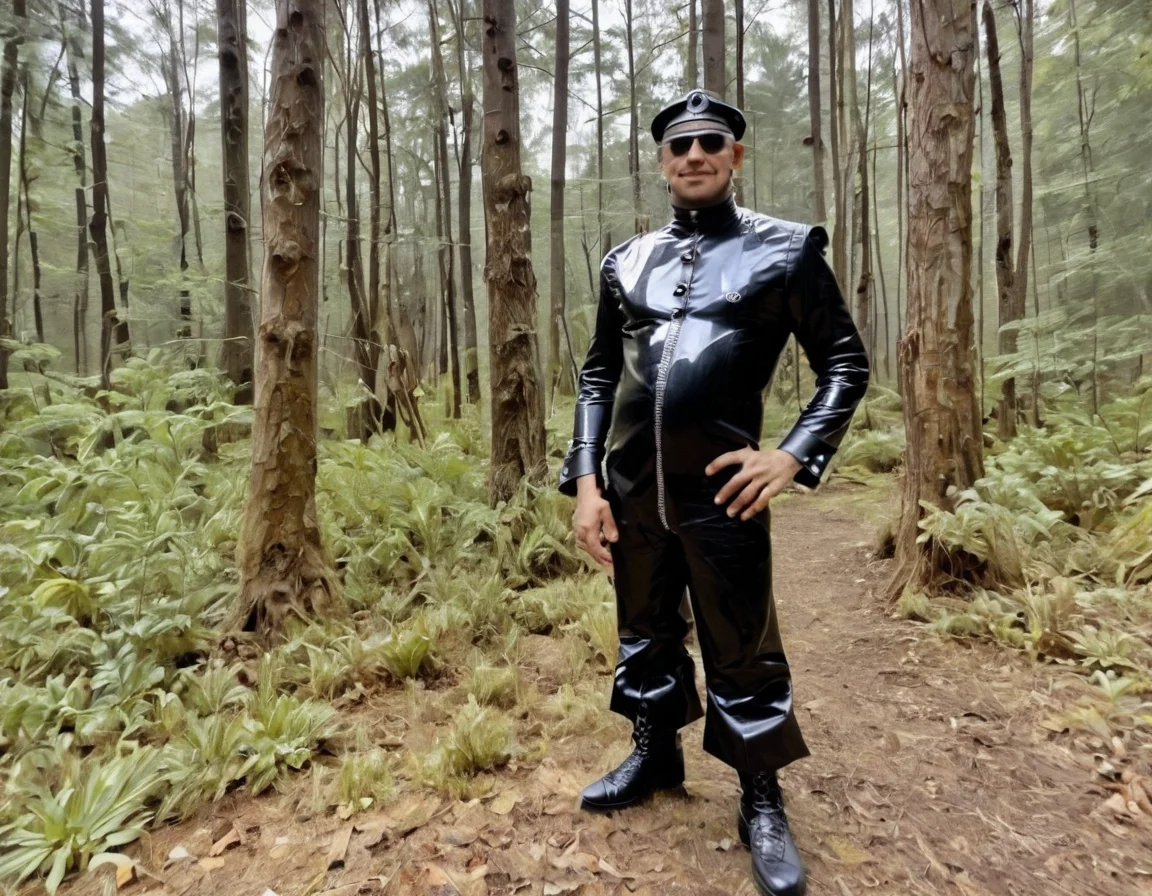 a galago animal wearing a latex costume, in a forest where the trees have latex trunks