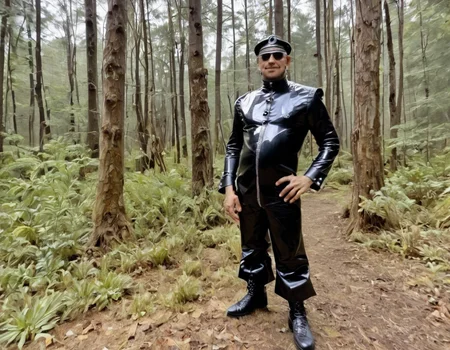 a galago animal wearing a latex costume, in a forest where the trees have latex trunks