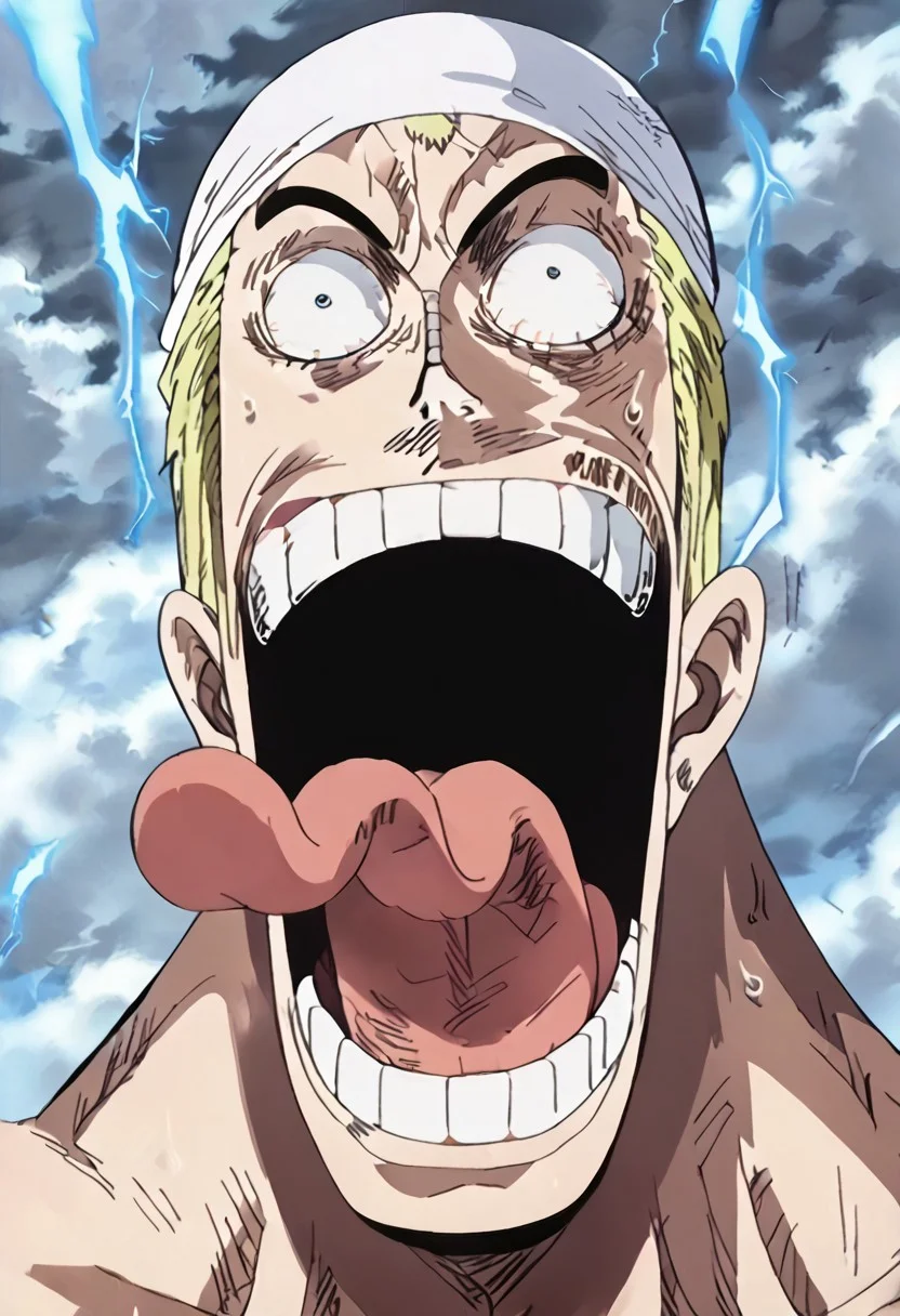 score_9, score_8_up, score_7_up,
source_anime,zPDXL3,
BREAK 
1male,EnelOP,long Enel earlobes, blonde Enel hair,white bandana, 
Enel mitsudomoe drums, grey back ring,
male focus, anime screencap,
one_piece_funny_face, eye pop, snot, sharp teeth, eyes vein lines, open mouth, tongue out, long tongue,
BREAK 
outdoors, grey clouds, electricity, blue lightning,
extremely detailed , detailed background,