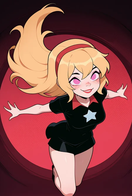 <lora:lucybig:1>, solo, lucybig, long hair, blonde hair, red hairband, pink eyes, lipstick, smile, short sleeves, star (symbol), short dress, black dress, freckles,  red theme,  dynamic pose,, masterpiece, best quality, amazing quality, very aesthetic, absurdres, newest,