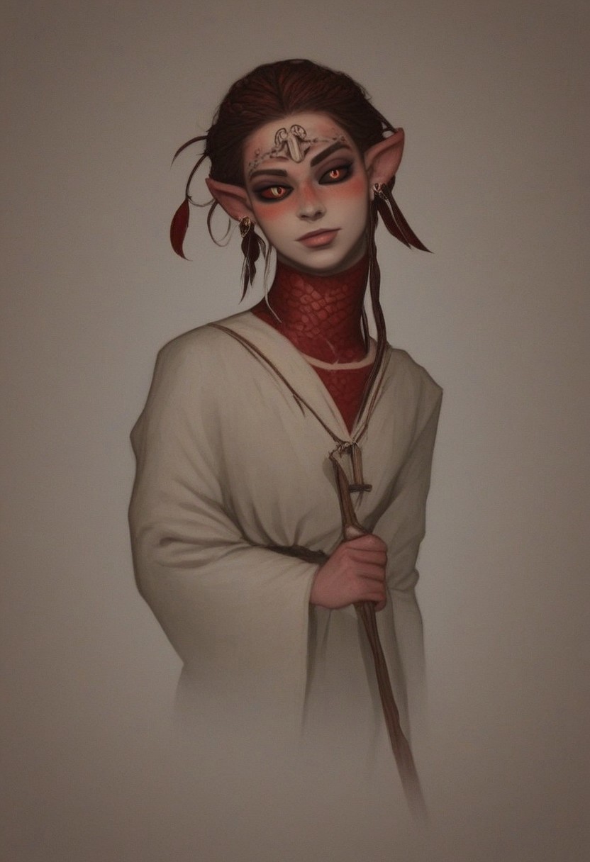 solo, bosmer, feminine, strong yet graceful, regal yet wild, bone-carved crown, elongated pointed ears, asymmetrical ear shape, snake pupils, dark bronze sclera, medieval setting, tribal leader, layered ceremonial robes, embroidered animal hides, intricate bone jewelry, deep tribal markings, eyes filled with wisdom, long wild braids wrapped in sinew, standing at a wooden throne, high wooden walls adorned with glowing runes, flickering firelight illuminating her face, tribal banners swaying in the wind, hyperrealistic details, cinematic storytelling