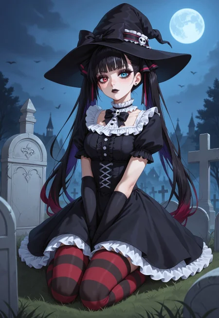 score_9, score_8_up, score_7_up, score_6_up, score_5_up, score_4_up , 1girl, pale skin, dark hair, heterochromia, long twintails, gothic twintails, hair bows, multiple hair bows, very long hair, gradient hair, multicolored hair, streaked hair, masterpiece, best quality, absurdres,
(gothic theme, lolitafashion:1.2), gothic lolitafashion, gothiclolita, gothic lolitadress, victorian dress, gothic, dark, moody, puffy dress, petticoat, puffy sleeves, dark colors, frilled skirt, gothic thighhighs, striped thighhighs, gothic dress, elbow gloves, gothic headdress, many bows, multiple bows, frills, frilled fabric, center frills, gothic lolitashoes, witch hat,
black lipstick, black lips, long eyelashes, eyeshadow, eyeliner, mascara, blush, gothic makeup,
outdoors, nature, graveyard, tombstone,s night, dark environment, fog,
solo, sitting, kneeling, on grass, full body, dynamic pose, dutch angle, looking at viewer, v arms, hands on lap, half-closed eyes, closed mouth, expressionless,
intricate, highly detailed, majestic, shallow depth of field, movie still, circular polarizer