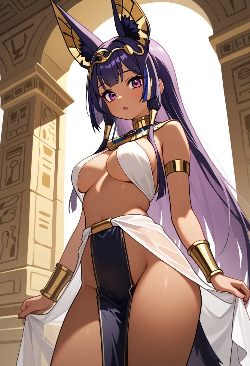 masterpiece, best quality, 32k, high resolution, absurdres, egyptian clothes, jackal girl, closed mouth, pelvic curtain, sidelocks, very long hair, open mouth, standing, long hair, purple hair, hair ornament