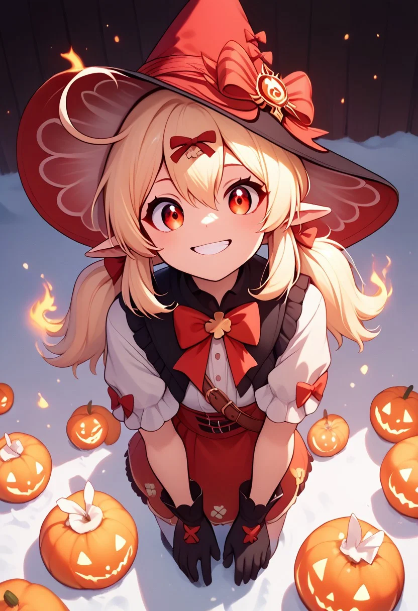 score_9, score_8_up, score_7_up, score_6_up, score_5_up, score_4_up,
zzKlee, hair between eyes, red eyes, ahoge, blonde hair, long hair, low twintails, pointy ears, twintails, bow, gloves, short sleeves, black gloves, alternate costume, sidelocks,
Pumpkin spell, burning pumpkins, smirk smile, crazy eyes,
outdoors, black and grey ruined buildings, winter, snow, perfection, 1gothic1, high angle view