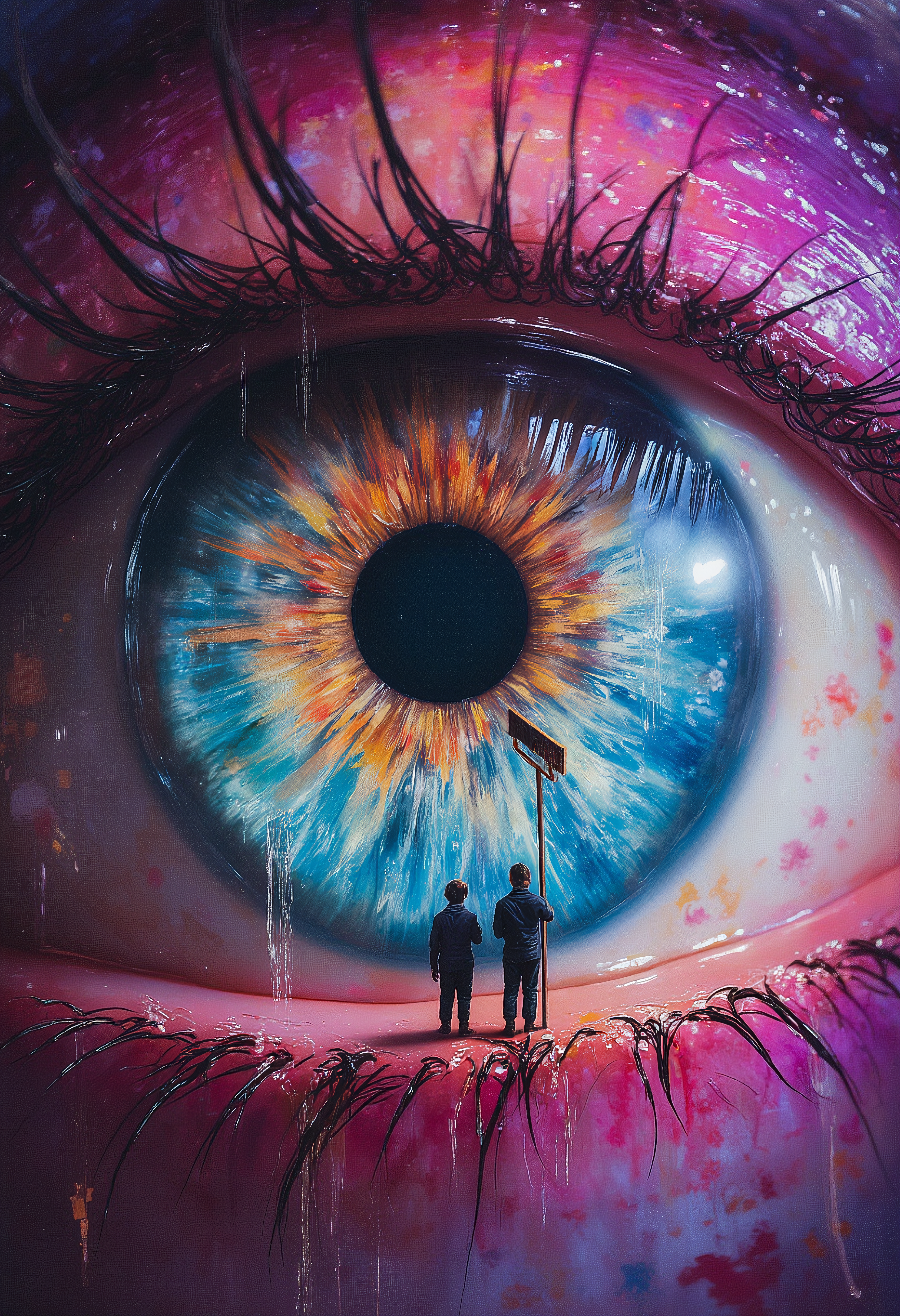 A couple of tiny human using long squeegee brushes cleaning a giant eye, vibrant glow