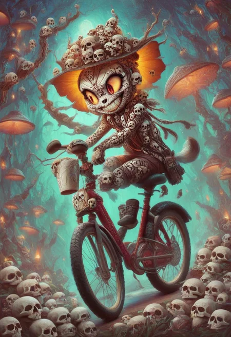 score_9, score_8_up, score_7_up, score_6_up, score_5_up, score_4_up,  A playful, anthropomorphic coffee cup  made with skulls with big eyes and a grin, riding a bicycle