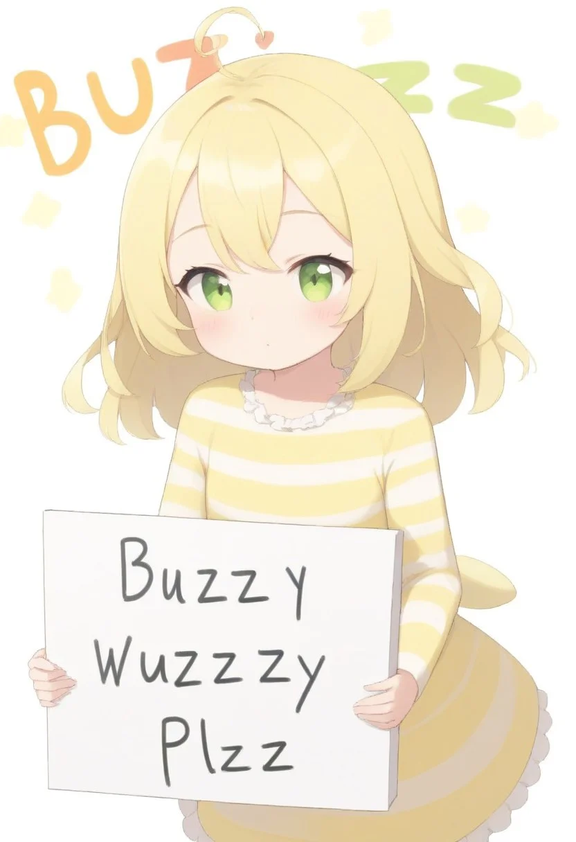 piquant,naive,cute,1girl,yellow hair, black and yellow striped dress, PEHoldingSign, (holding sign that says "BUZZY WUZZY PLZZZ":1.2)