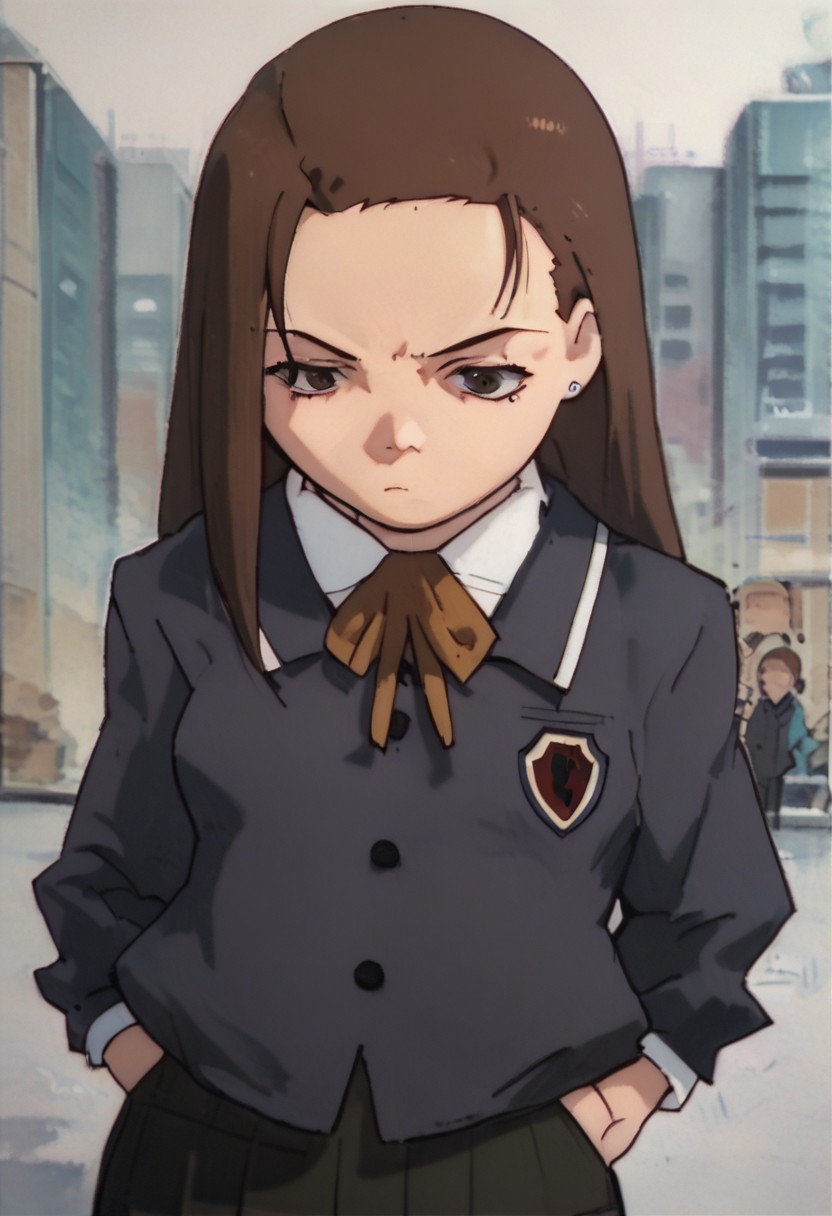 score_9, score_8_up, score_7_up, score_6, source_anime, iwakura mika, school uniform, chibi, bored, hand in pocket, shibuya street background