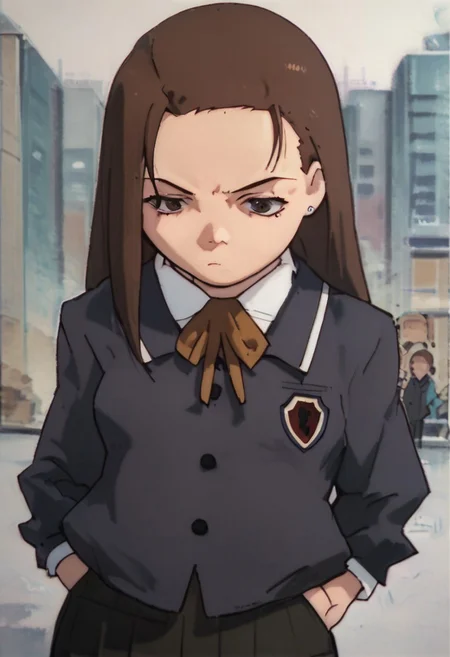 score_9, score_8_up, score_7_up, score_6, source_anime, iwakura mika, school uniform, chibi, bored, hand in pocket, shibuya street background