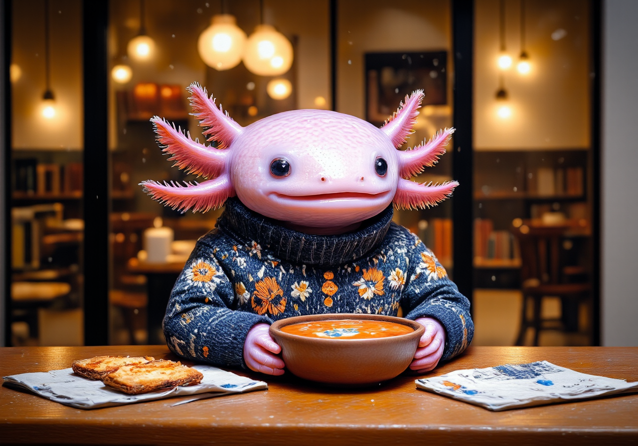 A miniature diorama of an image shot with significant tilt shift effect of tiny axolotls, high angle view, close-up of a pink axolotl seated by a rain-streaked cafÃ© window, bundled in a tiny knit sweater, cradling a small bowl of creamy tomato soup; its frilly gills are relaxed, and its round black eyes gaze dreamily outside, watching the rain; the tabletop is scattered with a small plate of buttered toast and a napkin with delicate floral embroidery; tilt-shift effect softly blurs the candle-lit shelves of books and warm-toned string lights in the background, creating a soothing, rainy-day cafÃ© scene filled with warmth and serenity, the tiny axolotls have pink frilly gills and round black eyes<lora:Axomodel_Flux_V1.1.safetensors:0.9:0.9> <lora:Diorama_Flux.safetensors:1.5:1.5>