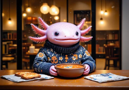 A miniature diorama of an image shot with significant tilt shift effect of tiny axolotls, high angle view, close-up of a pink axolotl seated by a rain-streaked café window, bundled in a tiny knit sweater, cradling a small bowl of creamy tomato soup; its frilly gills are relaxed, and its round black eyes gaze dreamily outside, watching the rain; the tabletop is scattered with a small plate of buttered toast and a napkin with delicate floral embroidery; tilt-shift effect softly blurs the candle-lit shelves of books and warm-toned string lights in the background, creating a soothing, rainy-day café scene filled with warmth and serenity, the tiny axolotls have pink frilly gills and round black eyes<lora:Axomodel_Flux_V1.1.safetensors:0.9:0.9> <lora:Diorama_Flux.safetensors:1.5:1.5>