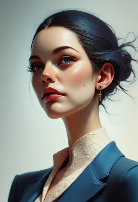 score_9, score_8_up, score_7_up, score_6_up, score_5_up, score_4_up, realistic, A sophisticated full-body portrait of a woman in a tailored navy blue pantsuit with a fitted blazer and high-waisted trousers. The suit is paired with a silk blouse in a contrasting pale pink, her short, slicked-back hair adding to the modern, polished aesthetic. , backlight, cinematic photoshot <lora:ponys-dream:.9>