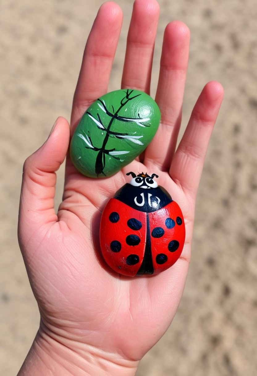 Happy stones. one painted pebble, painted to resemble a ladybug. A hand is holding the stones