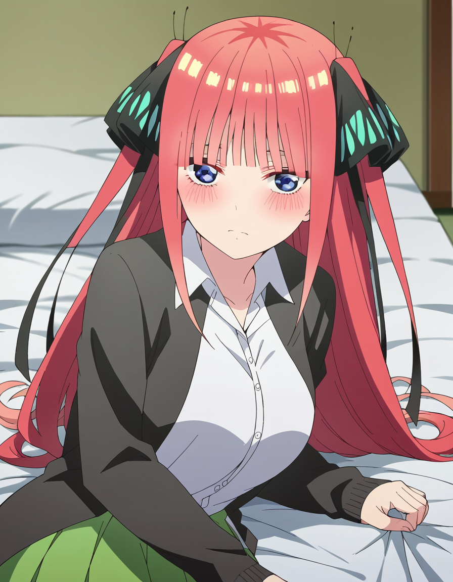score_9, score_8_up, score_7_up, source_anime,
ninonakano, <lora:nino-nakano-s2-ponyxl-lora-nochekaiser:1>, 
nino nakano, long hair, bangs, blue eyes, hair ornament, hair ribbon, pink hair, blunt bangs, two side up, butterfly hair ornament, mature female,
skirt, shirt, long sleeves, white shirt, pleated skirt, open clothes, collared shirt, sleeves past wrists, dress shirt, cardigan, green skirt, open cardigan, black cardigan,
indoors, bed, bed room, on side, blush, drunk,
looking at viewer, cowboy shot, dutch angle, solo,