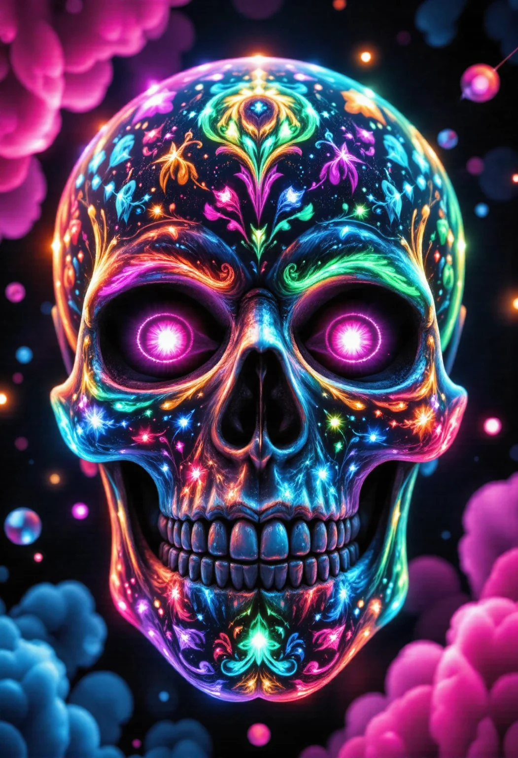 Unveil the mesmerizing beauty of a vibrant sugar skull, bathed in an aura of neon colors that seem to pulse with life. Get up close and personal with this stunning skull, where intricate details are hidden beneath a riot of bold, neon hues. Pink, blue, and green swirl together in a kaleidoscope effect, as if the very fabric of reality has been woven into a tapestry of color. The eye sockets, once empty, now glow with spirals of rainbow-colored lights that seem to defy gravity. Inspired by the bold, graphic style of street art and graffiti, this piece embodies a sense of vibrant, neon-infused energy. Utilize sharp lines, bright colors, and striking contrasts to bring this sugar skull to life. Visualize this image in a high-contrast, black-and-white style with pops of bright color to emphasize the kaleidoscope effect.Balance the composition by focusing on the sugar skull, allowing its intricate details and neon hues to take center stage. Use bold lines and sharp angles to create a sense of depth and dimensionality, as if the viewer is peering into the very soul of this vibrant skull. Infuse the atmosphere with a sense of wonder, curiosity, and enchantment, inviting the viewer to step into this kaleidoscope world and experience the mesmerizing beauty of this sugar skull. <lora:aidmaFLUXpro1.1-FLUX-V0.1> <lora:FluxGhost-000001>