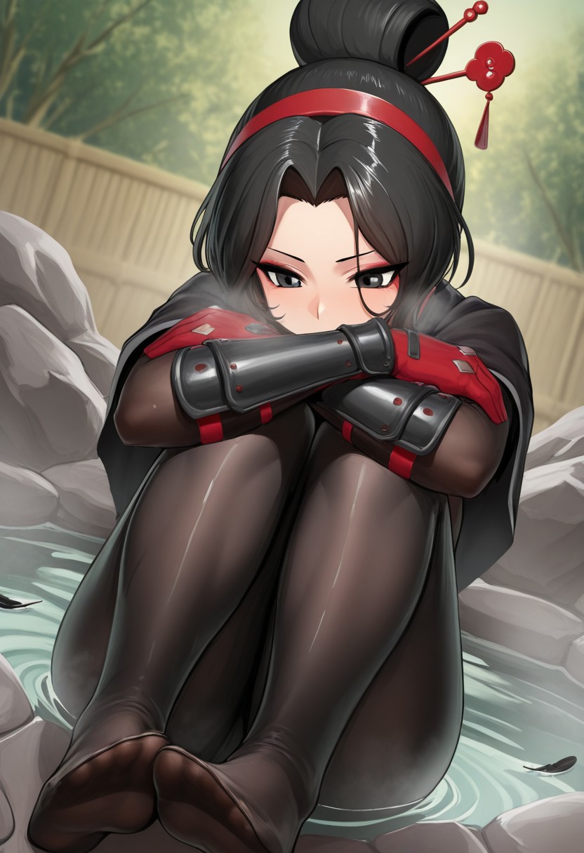 9is,  outdoors, undershirt, falling feathers, black bodysuit, hair stick, hugging knees, knees to chest, gauntlets, eyeshadow, red gloves, two sides up, black capelet, red hairband, black eyes, 1girl, solo, feet, visible breath, dynamic angle, foreshortening, smell, steam, onsen, water
