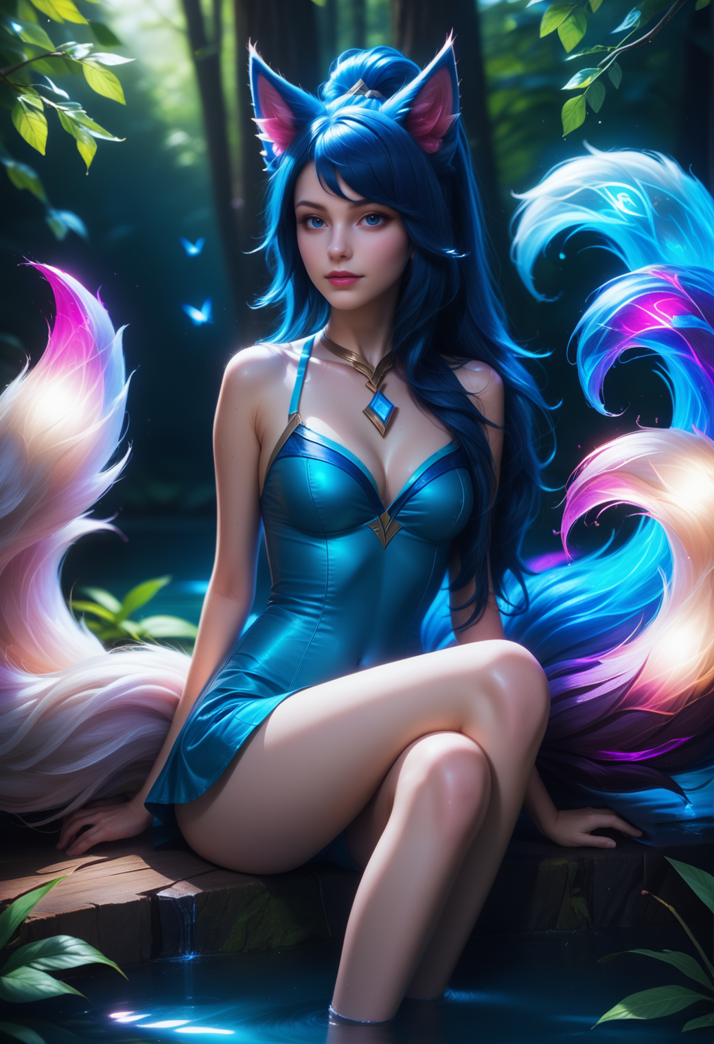 bluefoxeij sitting, river,, forrest, moonlight, dimmed light <lora:BlueFoxeijPONY-000002:1>