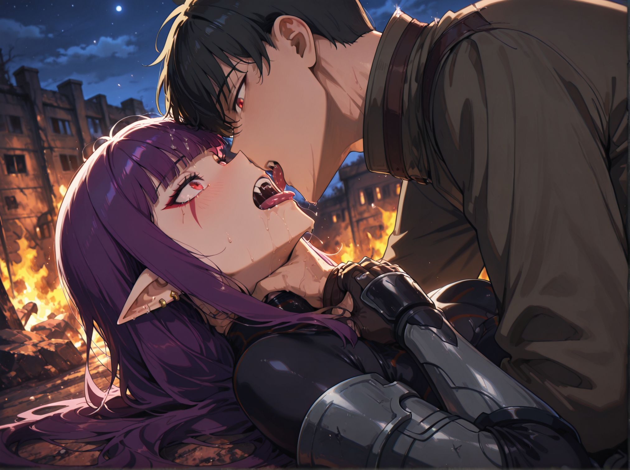masterpiece, absurdres,amazing quality, best quality, detailed background, 8k, 
<lora:Choke_Hold_r1:0.8>Choke_HoldV1,
1girl,1boy,breasts,
tongue,kiss,strangling,asphyxiation,on back, 
BREAK
<lora:Esil:0.8>esil3, pointy ears, purple hair, red eyes, long hair, teeth, jewelry, earrings, facial mark, sidelocks, bangs, fangs,bodysuit, blunt bangs, gauntlets, armored legwear,ear piercing, 
night, night sky, outdoors, 
 fire,
BREAK
black hair male,