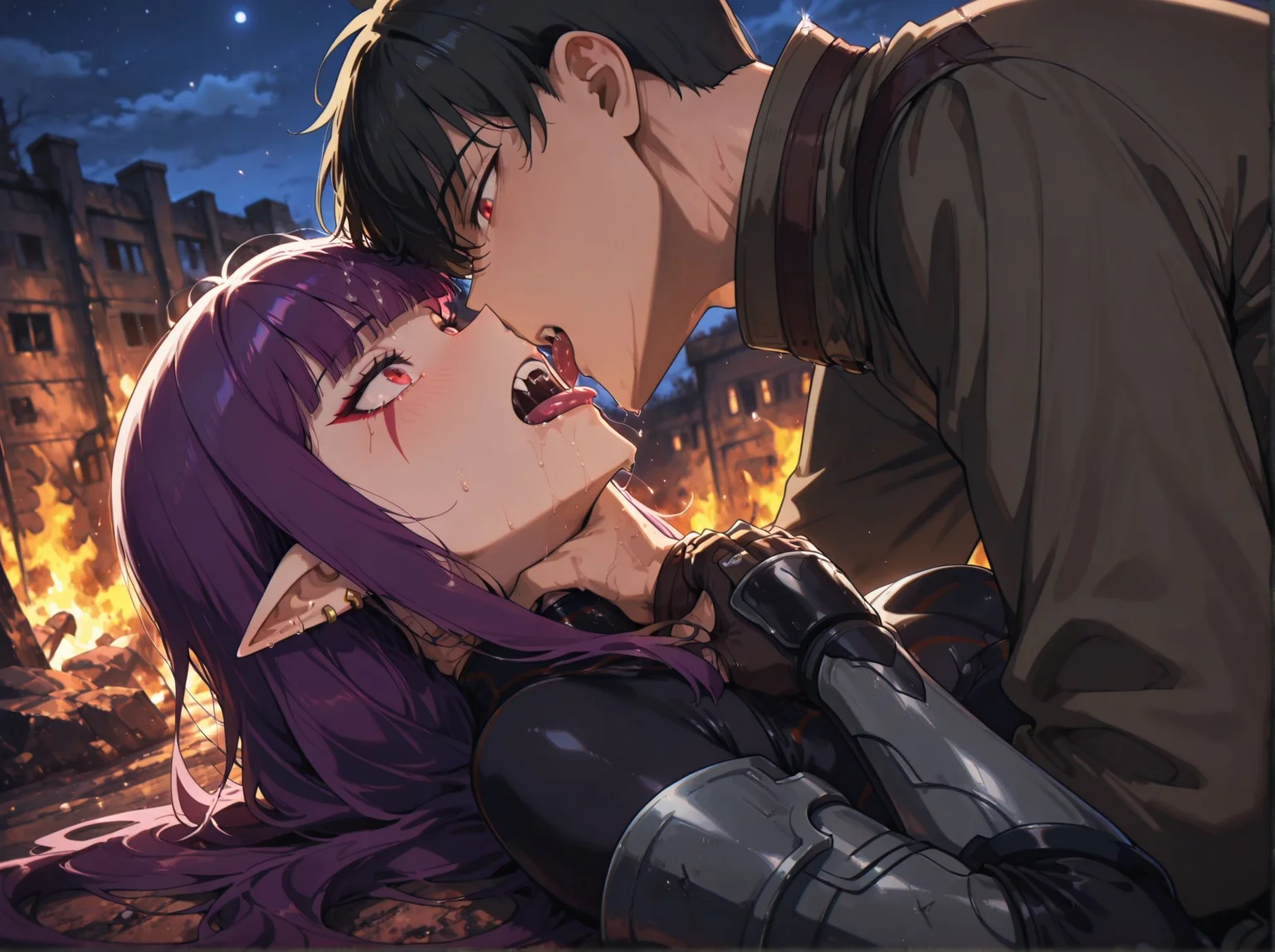 masterpiece, absurdres,amazing quality, best quality, detailed background, 8k,
<lora:Choke_Hold_r1:0.8>Choke_HoldV1,
1girl,1boy,breasts,
tongue,kiss,strangling,asphyxiation,on back,
BREAK
<lora:Esil:0.8>esil3, pointy ears, purple hair, red eyes, long hair, teeth, jewelry, earrings, facial mark, sidelocks, bangs, fangs,bodysuit, blunt bangs, gauntlets, armored legwear,ear piercing,
night, night sky, outdoors,
fire,
BREAK
black hair male,