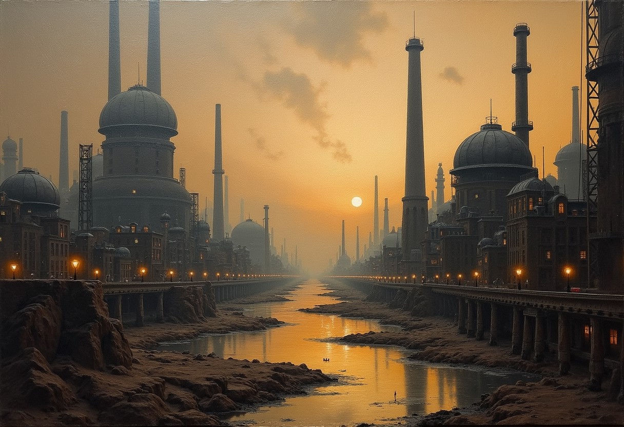 score_7, score_8, score_9, landscape, industrial sci-fi city, ancient oil painting, worn canvas, defined lines, thick brush strokes, good contrast, renaissance art style, dark colour palette, visibly thick oil paint, visible canvas texture, industrial setting, professional painting, (masterpiece:1.2), (intricate details:1.2),8k, highly detailed, volumetric lighting,