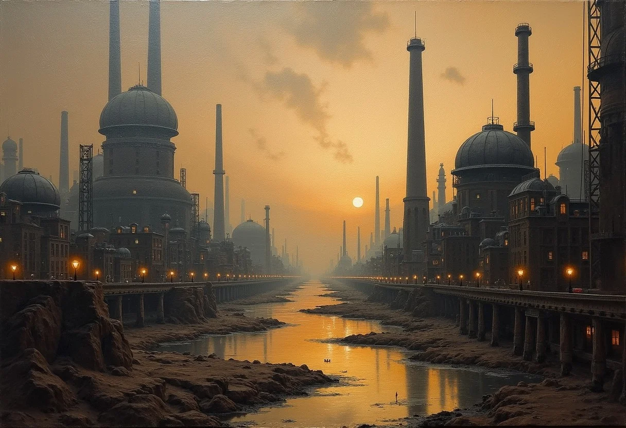 score_7, score_8, score_9, landscape, industrial sci-fi city, ancient oil painting, worn canvas, defined lines, thick brush strokes, good contrast, renaissance art style, dark colour palette, visibly thick oil paint, visible canvas texture, industrial setting, professional painting, (masterpiece:1.2), (intricate details:1.2),8k, highly detailed, volumetric lighting,