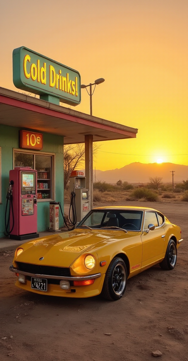Under the unrelenting yellow-orange glow of an endless afternoon, the Datsun 240Z is parked at a funky roadside gas station, its golden headlights bouncing off the glossy, pastel-colored gas pumps. The stationâs bright pink and mint-green exterior looks freshly painted, yet the inside is dark, abandoned, shelves stocked with faded soda bottles and dusty magazines from 1972. The chrome side mirrors reflect the mirage-like distortion of the empty desert highway, leading to nowhere. A bright "Cold Drinks! 10Â¢" sign flickers on the side of the building, yet the vending machine beside it hums with power, though it's filled with nothing but static on its digital display.
<lora:Liminal-Space-Flux:0.75>  <lora:ral-nssndtsn:1>