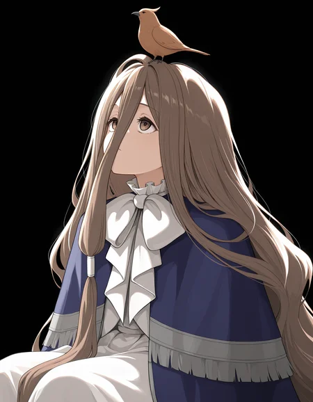 <lora:Sense Illu:1>
sens3, hair between eyes, brown hair, brown eyes,
sensed3fault, white dress, blue capelet, white bowtie, single hair tube, frilled collar, sidelocks,
sitting, bird on head, looking up,
black background, simple background,, masterpiece, best quality, amazing quality