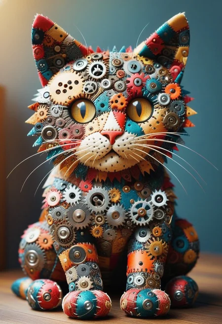 patchwork cat made of gears, stitched together with vibrant flair, cozy, gears,
best quality, masterpiece,
 bokeh, professional 4k highly detailed, Canon 5d mark 4, moody lighting