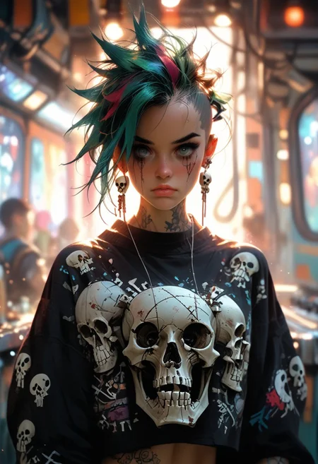 Score_9, score_8_up, score_7_up, score_6_up, a single misplaced and shot with an eos-1d x mark iii, awe- dark blues and blacks, girl swirling magical fairytale abstract artstation style, Skull tattoos, Full skull arm tattoos, atompunk, raypunk, 1900s , epiCPhoto, square spaceship , digital artwork by Beksinski, vibrant colors, epiCPhoto, wander through the dust panoramic, from a 1950's science fiction movie, full shot, dramatic mood, serene atmosphere, cinematic lighting,