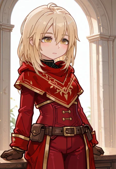 masterpiece ,best quality, amazing quality, Krista88t, Krista88tGacha, gacha, 1girl, blond hair, yellow eyes, freckles, red suit with gold trim, brown gloves