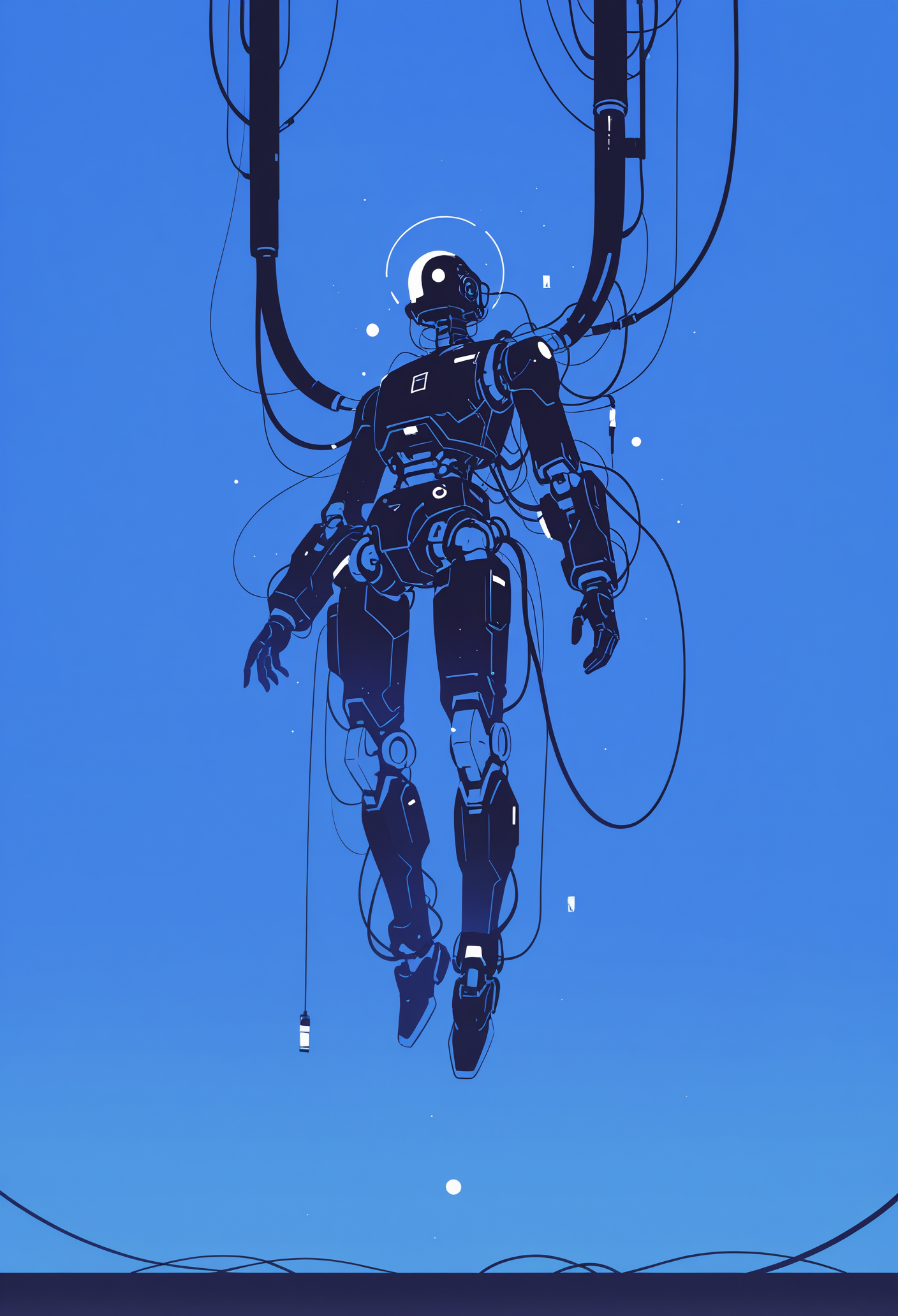 masterpiece, best quality, newest, highres, absurdres,focused subject,no lineart, no outline, gradient, gradient background, no humans, blue background, robot, floating, science fiction, cable, (monochrome, negative space,blending),from below,dutch angle, in the style of cksc,flatline, 15546+456868