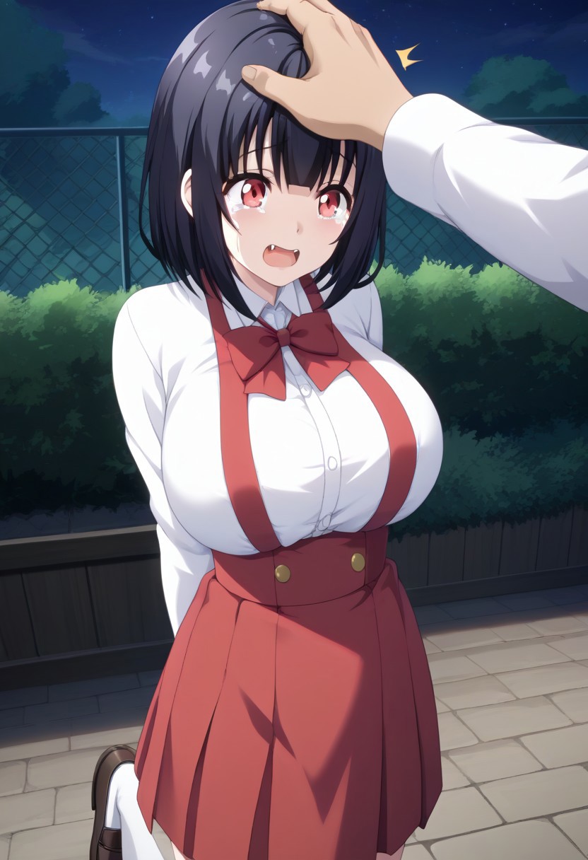 score_9,score_8_up,score_7_up,score_6_up, source_anime, BREAK, 
(headpat, 1boy pov hands), (upper body shot),  
Hiraki Hanako, solo, 1girl, (huge breasts), pale skin, short hair, black hair, bangs, red eyes, fangs, school uniform, collared shirt, white shirt, long sleeves, high-waist skirt, suspenders, red skirt, mini skirt, white socks, loafers, 
surprised, (tears:1.2), (tear drops), looking up, 
outdoors, (at night:1.3),