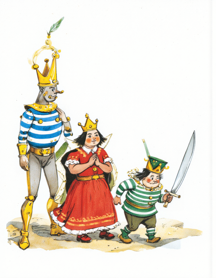 <lora:LV_NEW:1>This image is a hand-drawn illustration in a whimsical, cartoon style. It depicts three figures dressed as royalty, walking along a path. The figure on the left is a tall, slender man with a crown adorned with small, yellow jewels. He wears a blue and yellow striped outfit with a gold belt and matching shoes. The middle figure is a plump, rosy-cheeked woman with a large, round body. She wears a red dress with gold trim and a matching crown. Her hands are clasped in front of her. The third figure is a short, stout man with a green and white striped outfit and a white collar. He wears a green crown and carries a large, curved sword at his side. All three characters have exaggerated facial features and simple, stylized expressions. The background is plain, with no visible details, keeping the focus on the characters. The illustration uses a combination of watercolor and ink, with vibrant colors and a soft, textured finish. The overall mood is playful and whimsical, capturing a fantastical, medieval setting.
