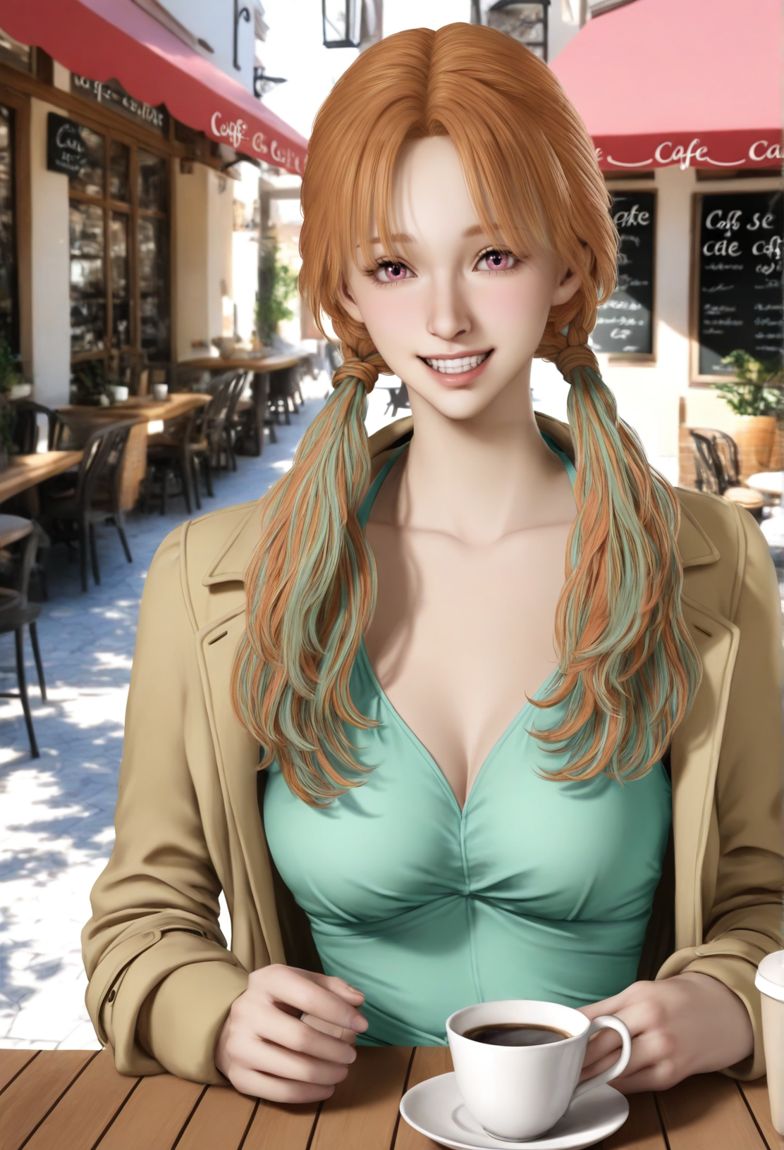masterpiece, 1girl, <lora:IL_InZOI_Takanashi_kiara:0.9> takanashi_kiara, inzoiwawa, pink_eyes, longhair, blouse, coat, outside, cafe, smile, teeth, looking_at_viewer,