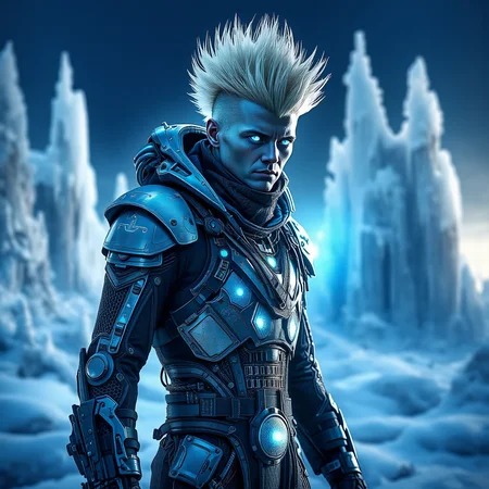Frostpunk style, frostpunk style gaunt slavic  male, old with sandy blonde mohawk hair, cobalt blue  bionic_eyes , wearing a metallic silver heated bodysuit, arctic expedition boots, heating unit. set in  an icy wasteland with strange, ice formations that resemble twisted sculptures, a testament to the power of the cold. , at dusk,  <lora:flux/perfection style v2d.safetensors:1.0>, perfection style, <lora:flux/Sinfully_Stylish_1.0_Flux.safetensors:1.0>, sinfully stylish, <lora:scifi/moxiePunk_v3S.safetensors:1.0>, .  Icy, futuristic aesthetic incorporating frozen elements, augmented mechanical technology, neon-lit snow-covered cityscapes.