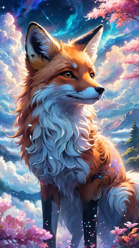 2D anime screencap, serene fox in a mystical cloudscape, intricate details, vibrant colors, ethereal lighting, glowing accents, soft natural lighting, ethereal glow, detailed background, dreamy atmosphere, realistic shadows, fine details in fur and clouds, ultra-quality, magical elements, peaceful expression, closed eyes, enchanting setting, swirling clouds, floating stars, whimsical composition, calm ambiance, delicate line work