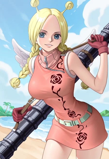 1girl, conis, pink turtleneck dress, green belt, wings, blonde hair, antenna hair, twin braids, ponytail, blue eyes, red gloves, bazooka, brown shoulder strap, looking at viewer, cute, clouds, beach, nature, detailed background, <lora:Conis_ill_v6:1>, very awa, masterpiece, best quality, newest, highres, absurdres,