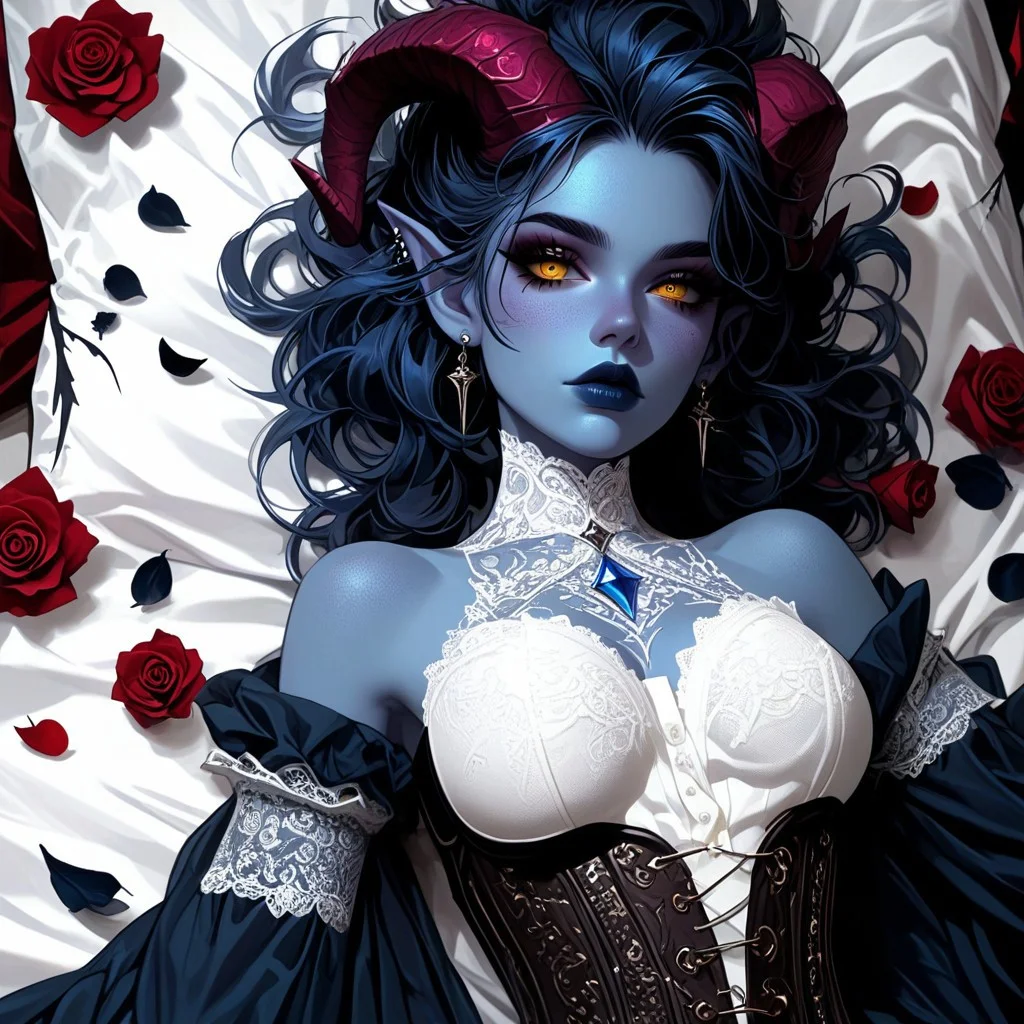 Score_9_up, score_8_up, score_7_up, DemonPunk, 1female, demon woman, frost blue skin tone, intricate golden eyes, black pinned up hair, large breasts, white lace brassiere, laying back in bed, sleepy eyes, rose petals, birds eye view