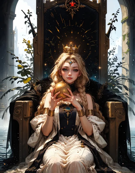 score_9, score_8_up, score_7_up, score_6_up, score_5_up, score_4_up, 1boy, miquella, blonde hair, holding golden crown, crown braid, multiple braids, yellow eyes, white robe, gold armlet, circlet, cute smile, sitting on a black throne, black stone, black throne, sunlight, wind, flying wheat, water sparkles