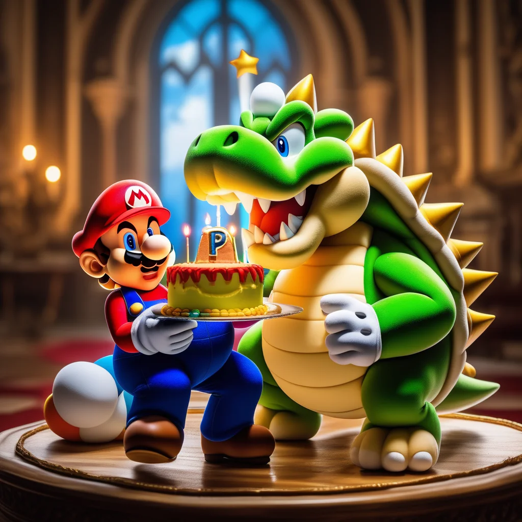professional photo of (((super mario eats a bowser birthday cake))), indoor, in the castle from princess peach, colorful background, film grain, award-winning, highres, extremely detailed, 8k photo, best quality, intricate details, realistic, gorgeous, hyperdetailed, grainy, high quality, (((professional))), canon 5d