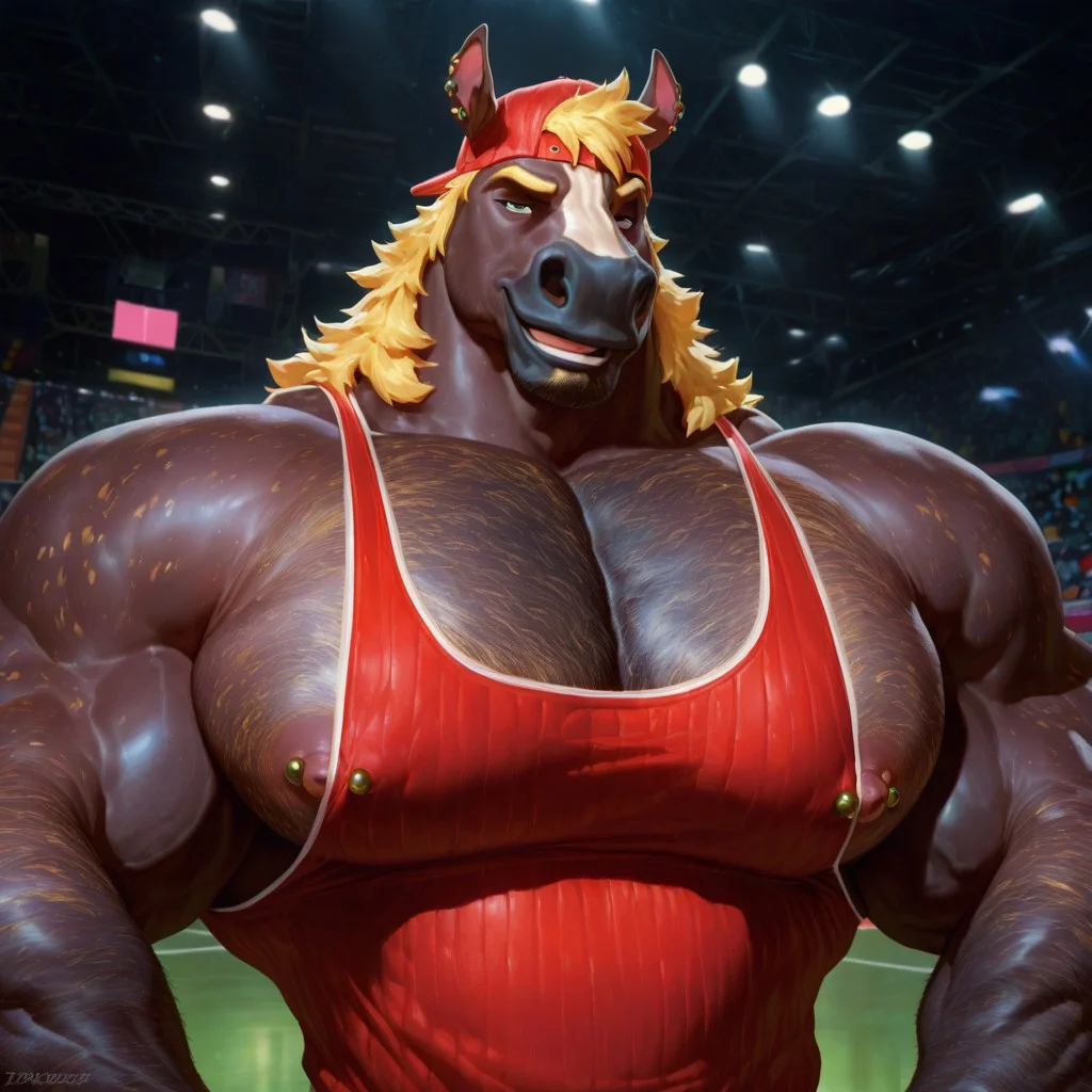 Pov, male horse, smug, relaxed bara, red tank top, backwards snapback, (null-ghost:0.6), (lindong:0.4), oil painting \(medium\), chiaroscuro, painterly, by dizdoodz, by repzzmonster, by zoroj, by taran fiddler,
BREAK,
male focus, bara, 1boy, 1boy, male, male focus, solo, horse furry, horse anthro, backwards red snapback, short blonde hair, black facial hair, nipple piercings, stubble, bara, muscular, large pectorals, hyper pecs, tight tank top,large biceps, hyper biceps, looking at viewer, upper body, (thick waist:1.1), ((((hairy body)))),(massive male breasts:1.3)
gym background