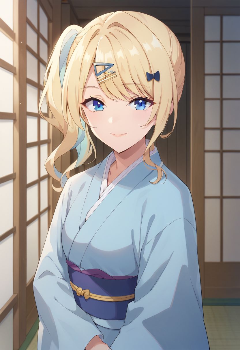 score_9, score_8_up, score_7_up,shirakawa runa, 1girl, blonde hair, japanese clothes, kimono, solo, blue eyes, hamaya, side ponytail, hairclip, hair ornament, looking at viewer, smile, blue kimono