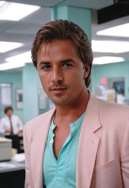 MiamiVice, Sonny Crockett, blue eyes, office, neon lights, indoors, highly detailed, 4K, (grainy analog 35mm film photo)