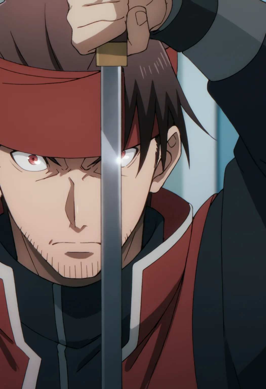 1boy,  rex_eminenceinshadow, brown hair, slicked back hair, ((top knot)), red headband, red eyes, stubble, black under shirt, red vest, veiny arms, score_7_up, score_6_up, score_8_up, score_9, ((anime color)), looking at viewer, detailed eyes, 8k uhd, high quality, medieval, room, expressionless, standing, front view, angry, holding blade, arm up, close up