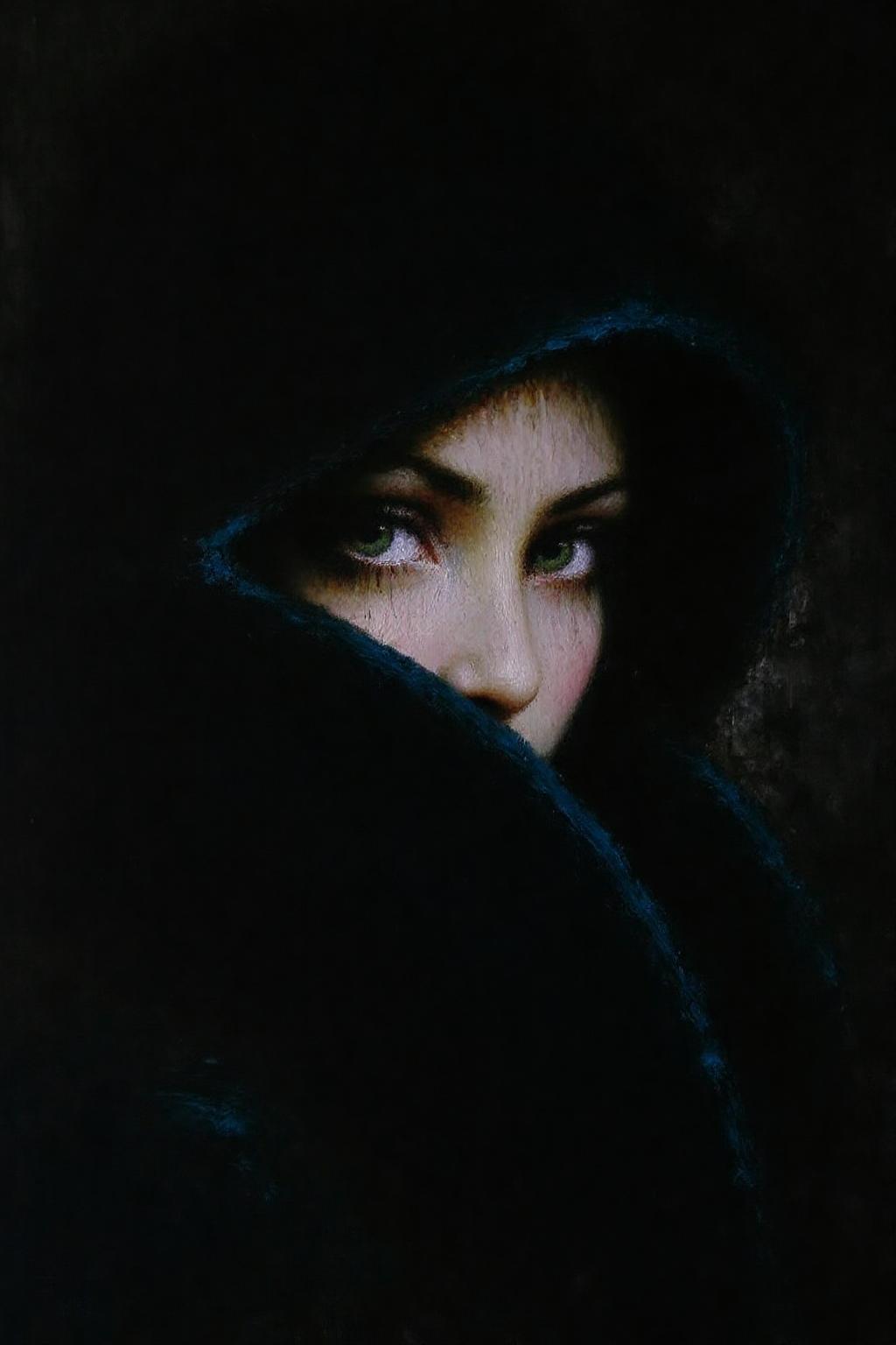 talo1 painting.
Close-up of a woman's face. The artwork is rendered in rich, dark, and moody tones, with a focus on texture and light. The woman's face is partially obscured by a dark, heavy coat or hat, which covers most of her face, leaving only her piercing green eyes and a small portion of her forehead visible. <lora:talo1_cap_d6a3e15:1.0><lora:828744795091419337:0>