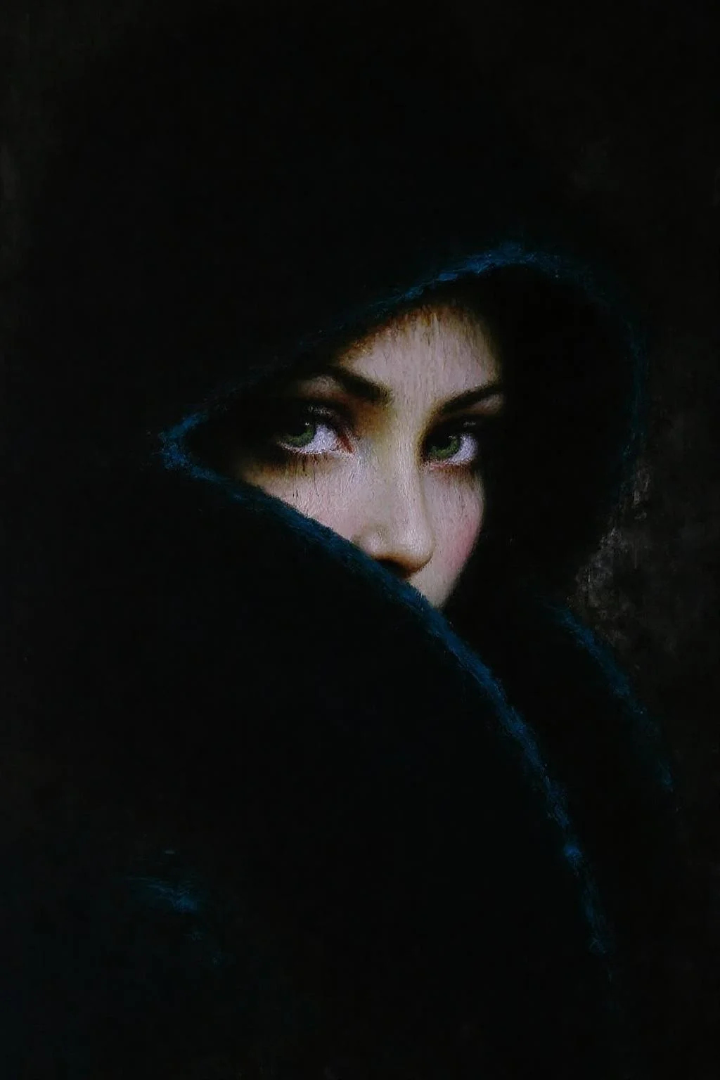 talo1 painting.
Close-up of a woman's face. The artwork is rendered in rich, dark, and moody tones, with a focus on texture and light. The woman's face is partially obscured by a dark, heavy coat or hat, which covers most of her face, leaving only her piercing green eyes and a small portion of her forehead visible. <lora:talo1_cap_d6a3e15:1.0><lora:828744795091419337:0>