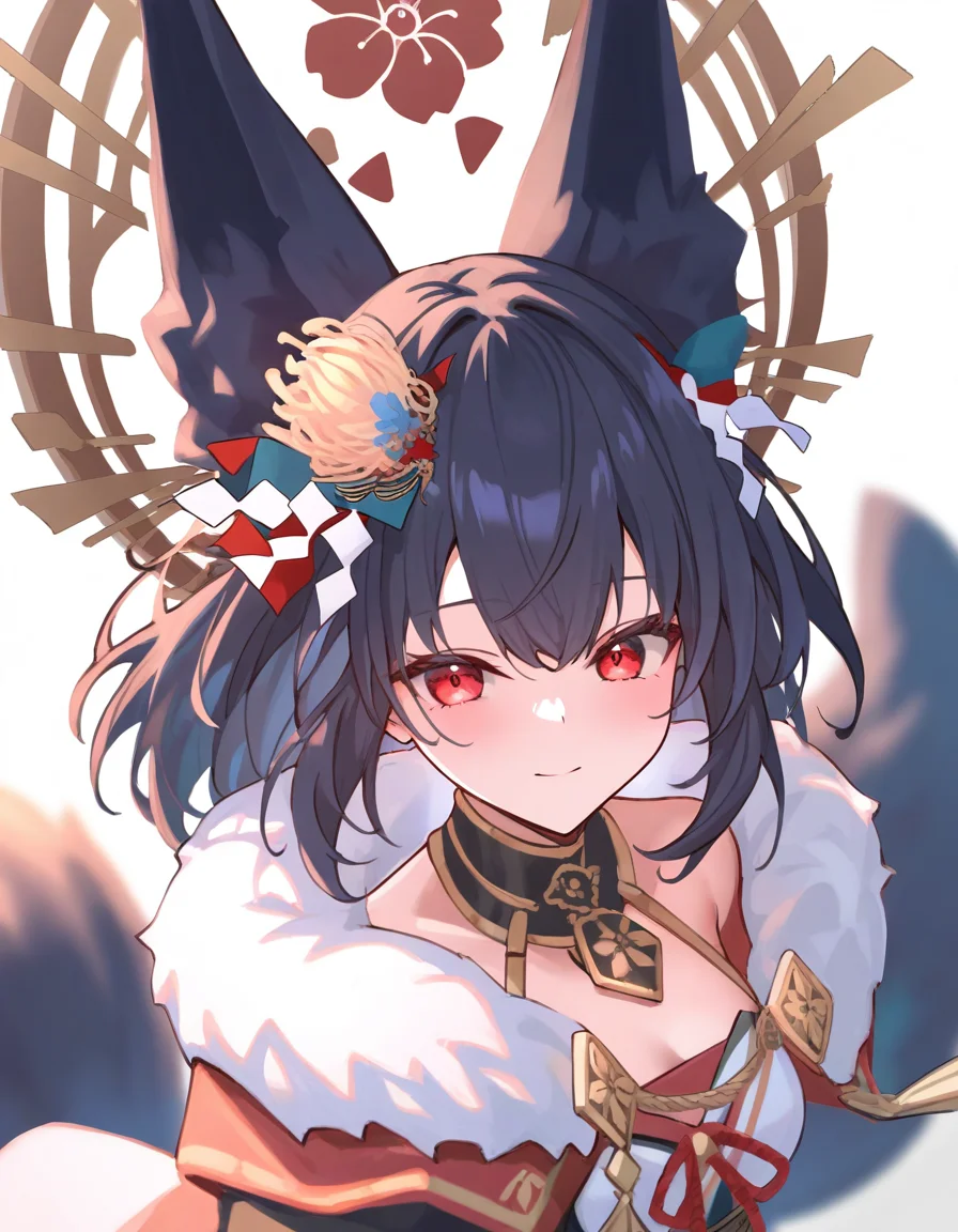 masterpiece,best quality,newest,absurdres,highres,safe,ag-hokutou,fox ears,hair ornament,black hair,red eyes,medium hair,fox tail,<lora:sp-hokutou(noobxl)-000009:1>,