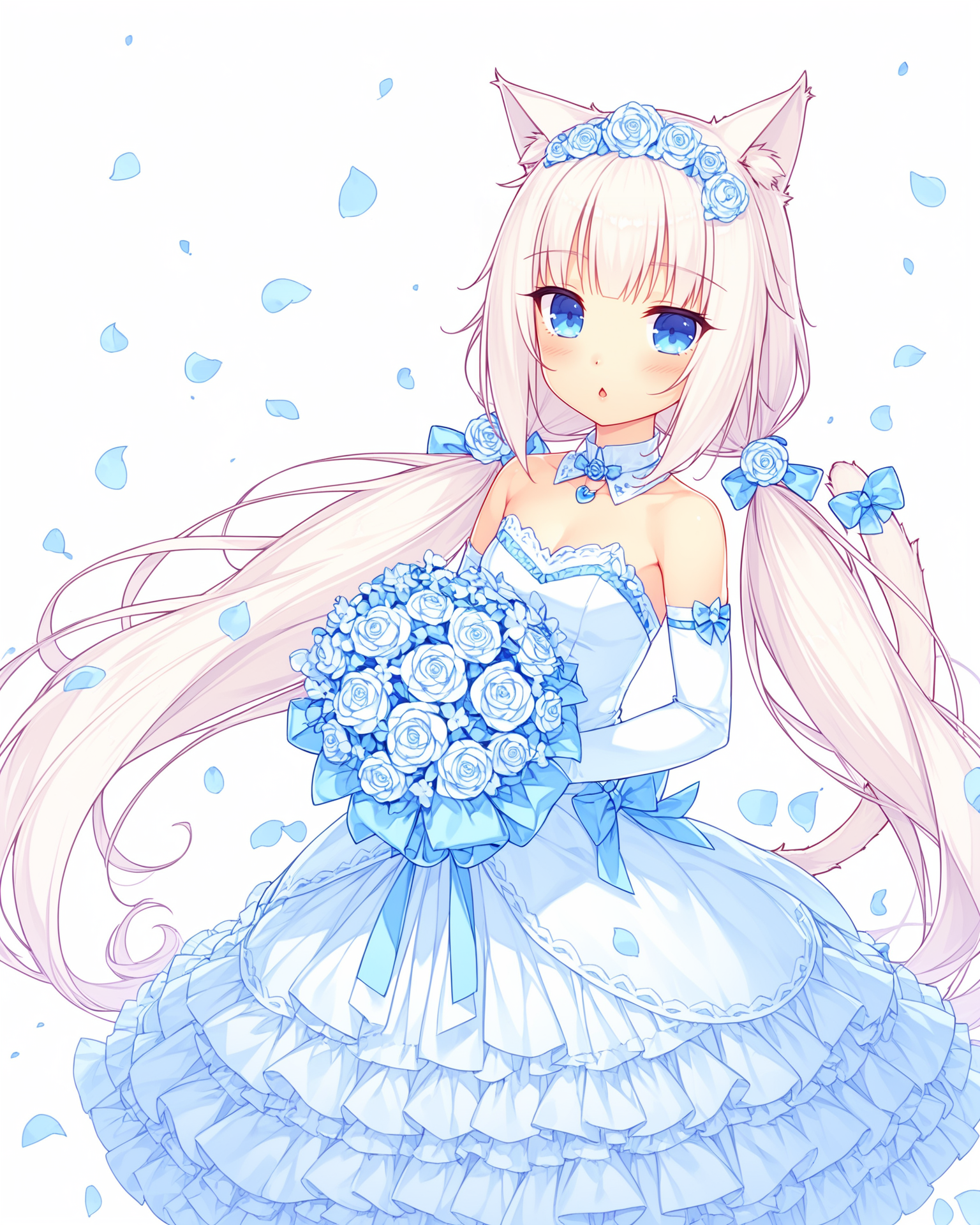 Best-A,sayori_\(neko_works\),,nekopara, Vanilla \(nekopara\), animal_ears, flower, dress, gloves, long_hair, 1girl, blue_eyes, tail, twintails, low_twintails, cat_ears, elbow_gloves, bouquet, cat_tail, white_gloves, strapless_dress, strapless, bare_shoulders, detached_collar, wedding_dress, white_dress, white_hair, pantyhose, cat_girl, very_long_hair
,score_9,score_8_up,score_7_up,source_anime,best_quality,masterpiece,perfect_body, <lora:tpn3-5.5-R-Sytle-400artist:0.75>
