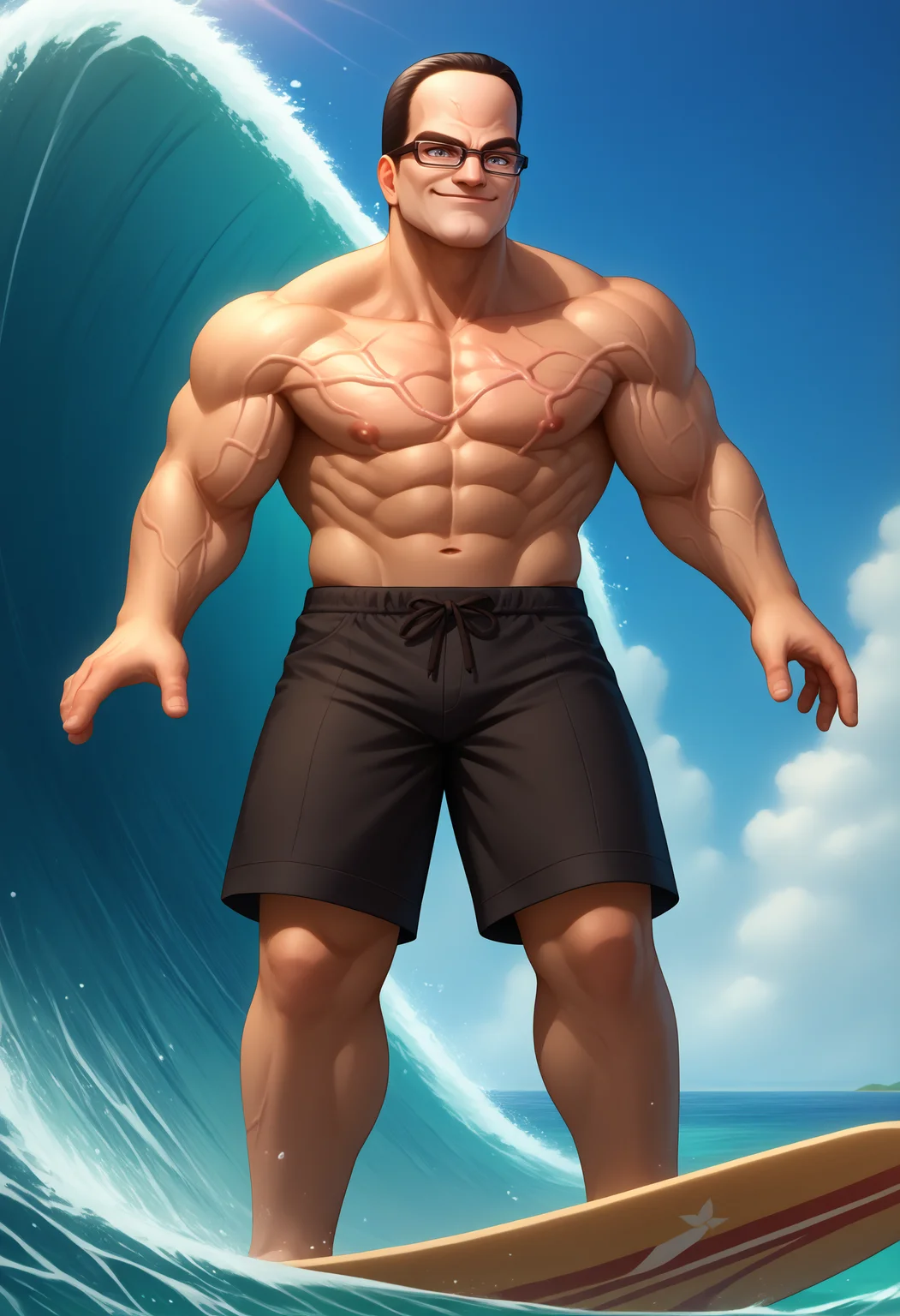 score_9, score_8_up, score_7_up, BREAK 1boy, SenArmStrong, grey eyes, black hair, buzz cut, glasses, manly, <lora:SenatorArmstrongPDXL_V1-Manityro-CAME:1> , muscular male, veins, smirk, <lora:Surfing_XLPD:1.0>, incrssurfing, surfing, surfboard, hawaii shorts, barefoot, outstretched arms,