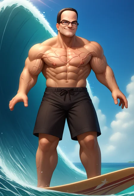 score_9, score_8_up, score_7_up, BREAK 1boy, SenArmStrong, grey eyes, black hair, buzz cut, glasses, manly, <lora:SenatorArmstrongPDXL_V1-Manityro-CAME:1> , muscular male, veins, smirk, <lora:Surfing_XLPD:1.0>, incrssurfing, surfing, surfboard, hawaii shorts, barefoot, outstretched arms,